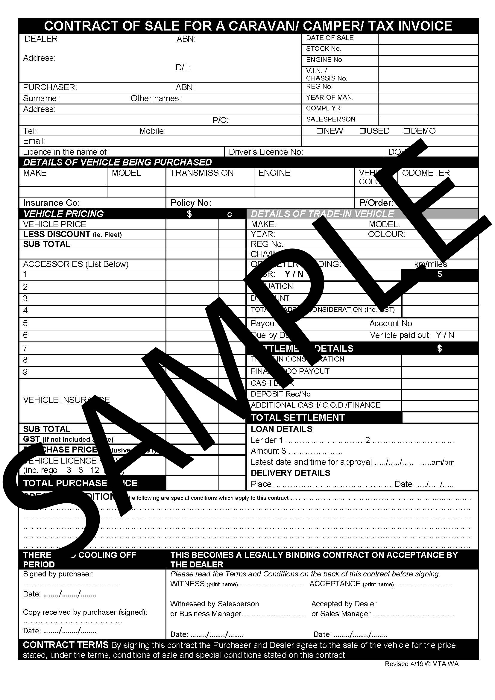 Contract of Sale for Caravan/Camper (OTP) - 36 Duplicates (S12) - Image 2