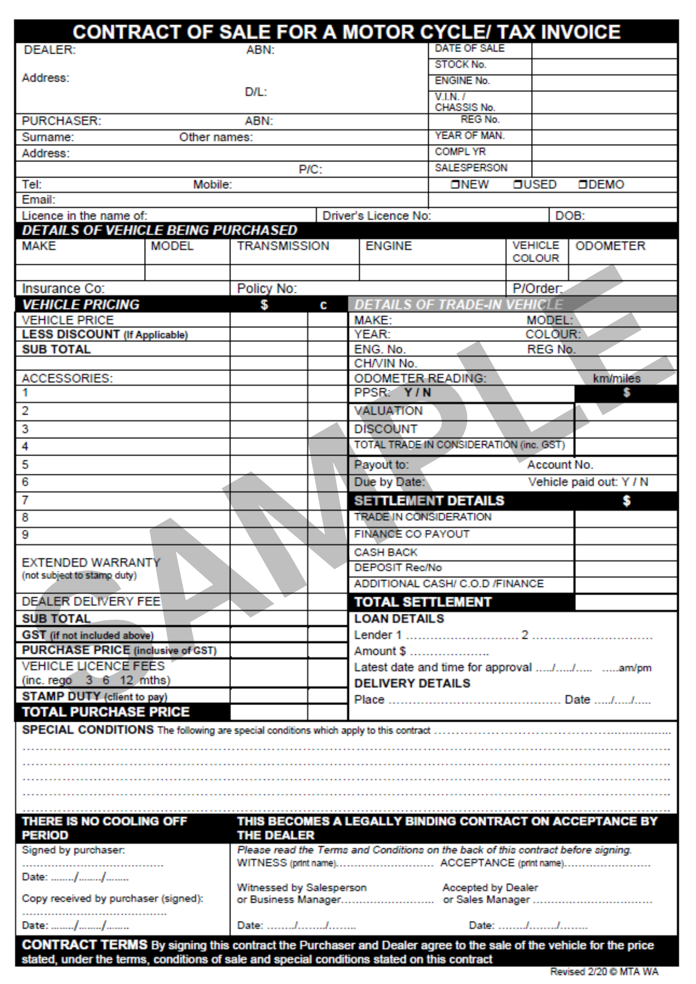 Contract of Sale for a Motor Cycle (OTP) - 36 Duplicates (S11)