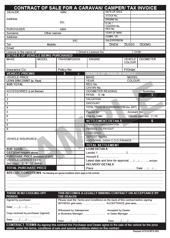 Contract of Sale for Caravan/Camper (OTP) - 36 Duplicates (S12)